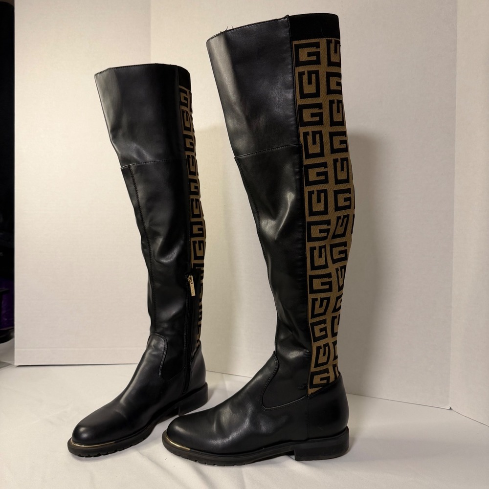 Guess Over The Knee Boots Womens Black‎ Tan Monogram Knit Pull on/Zip